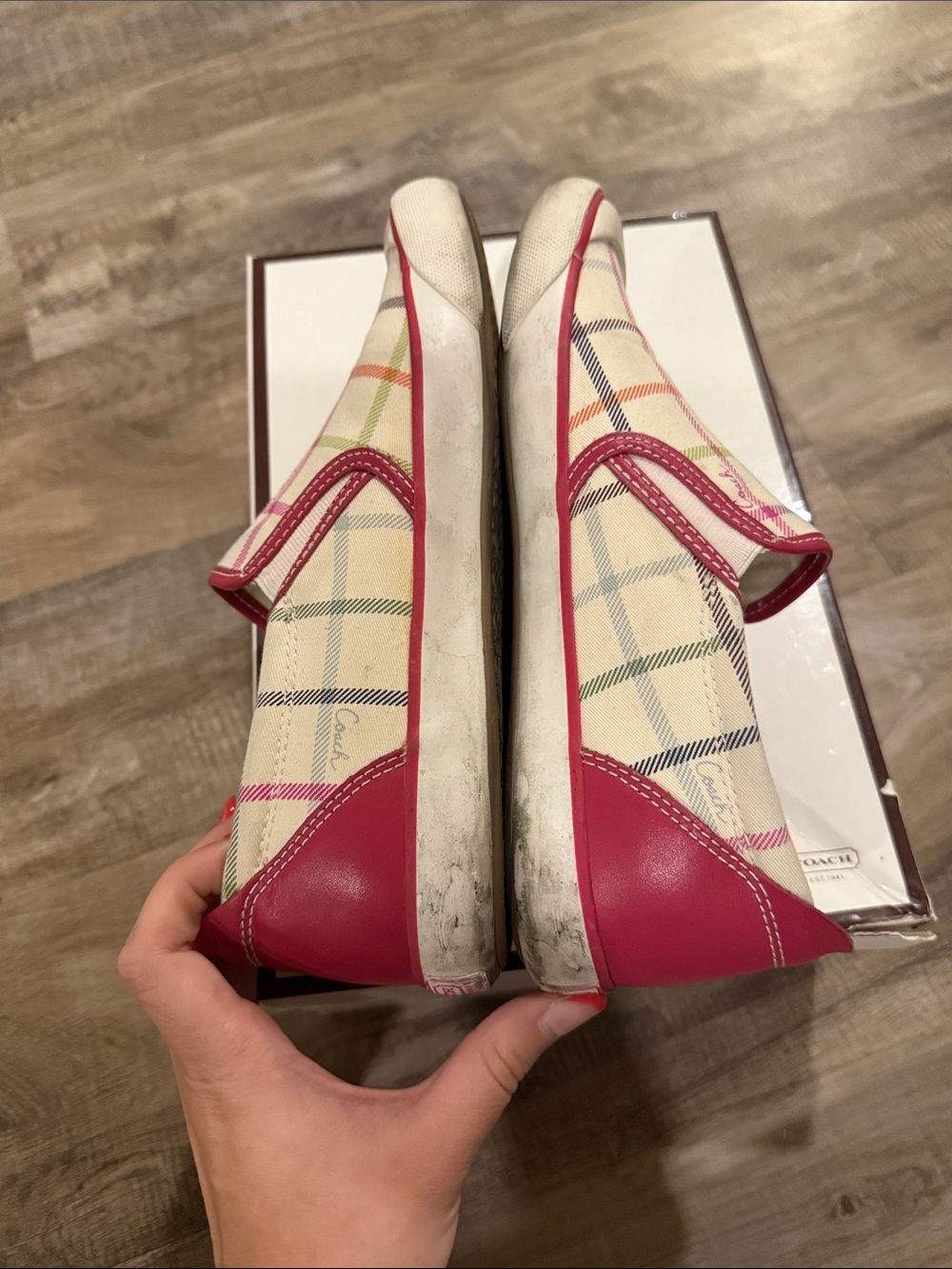Coach Multicolor Plaid Slip-On Sneakers in Cream and Pink Trim with box size 8 - Picture 7 of 13